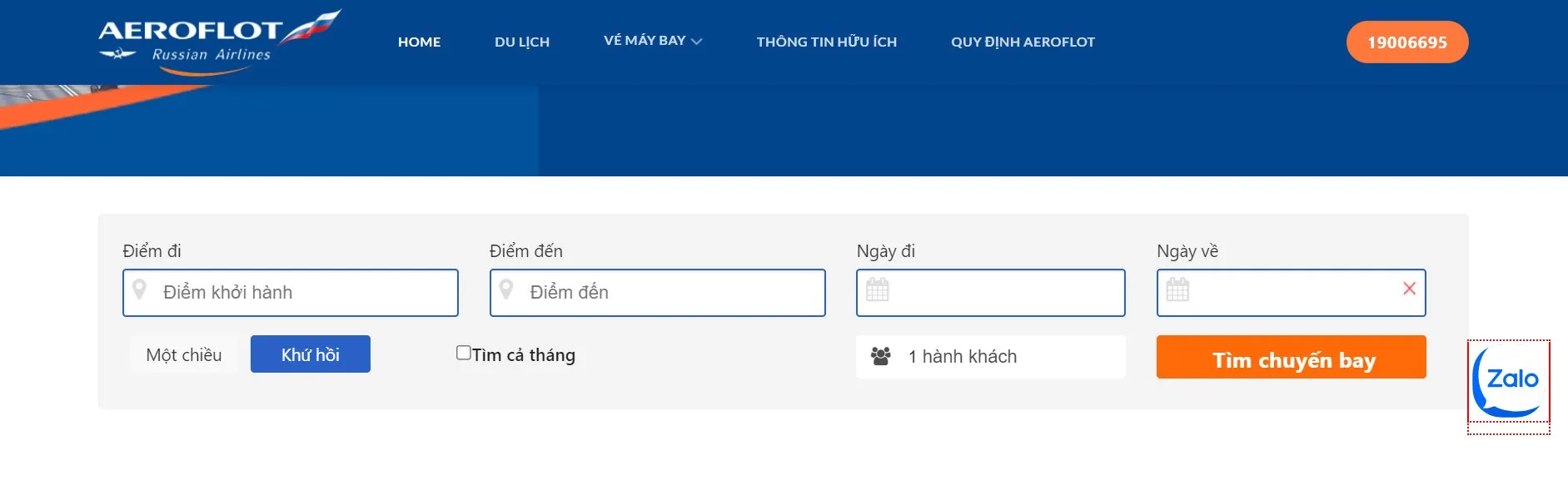 Dao diện đặt vé của website đại lý Aeroflot Việt Nam