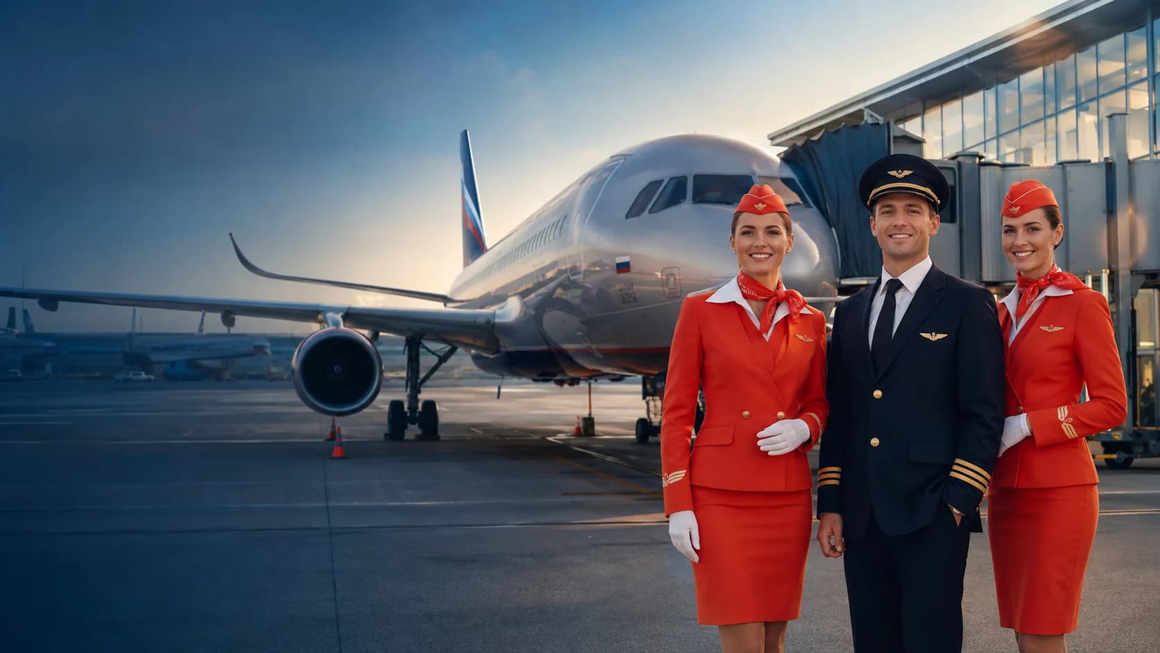 Minh họa máy bay Aeroflot cùng tổ bay trong đồng phục cam đỏ và xanh navy tại sân bay