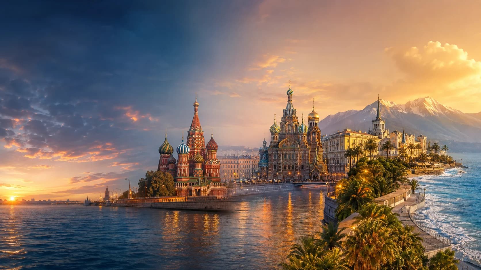 Ảnh ghép minh họa Moscow, Saint Petersburg và bờ biển Sochi