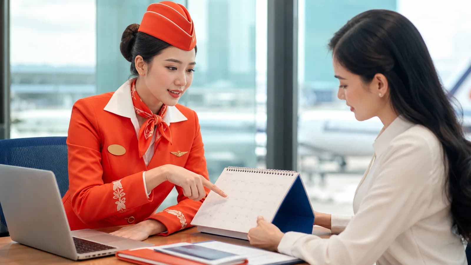 Minh họa nhân viên hỗ trợ khách lựa chọn ngày bay mới
