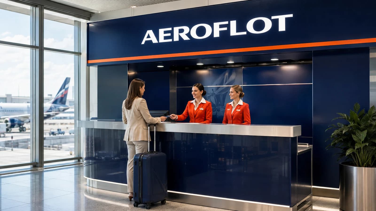 Minh họa quầy vé sân bay với bảng tên AEROFLOT và nhân viên đồng phục cam đỏ; không phải ảnh văn phòng thực tế