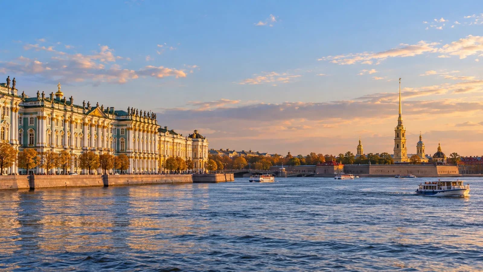 Minh họa bờ sông Neva và Saint Petersburg lúc chiều